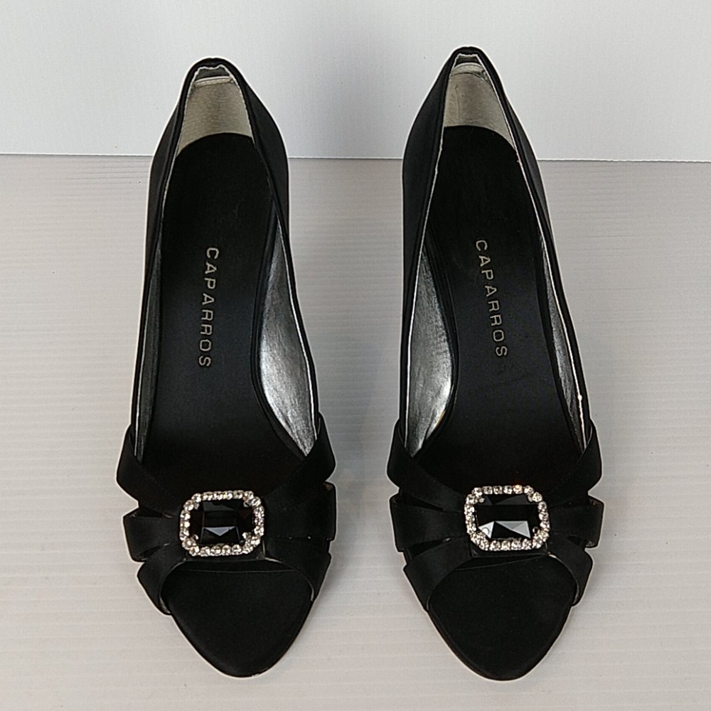 Caparros Black Satin Strappy Open Toe Black Onyx Rhinestone Jeweled Vamp Heel - Picture 3 of 13